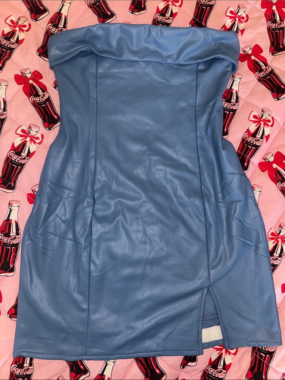 Strapless Sky Blue Faux Leather Mini Dress